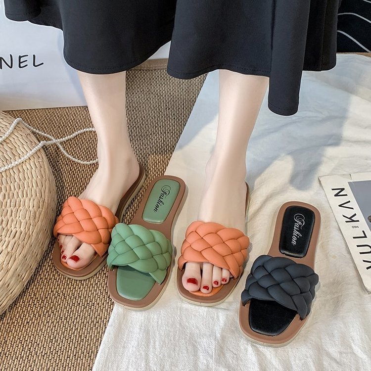 Slippers Women's Summer New Style Flat Square Toe Fake Woven Sandals