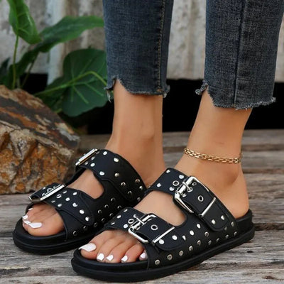 2023 Women's Summer Beach Open-toe Slippers Flat Sandals Men/women's Pin Buckle Rivet Decorative Slippers Roman Style Flip Flops