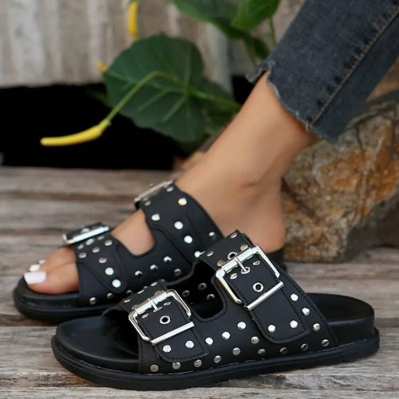 2023 Women's Summer Beach Open-toe Slippers Flat Sandals Men/women's Pin Buckle Rivet Decorative Slippers Roman Style Flip Flops