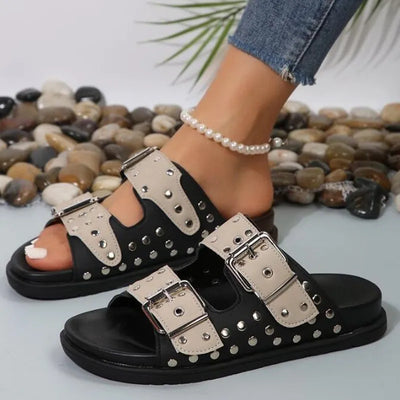 2023 Women's Summer Beach Open-toe Slippers Flat Sandals Men/women's Pin Buckle Rivet Decorative Slippers Roman Style Flip Flops